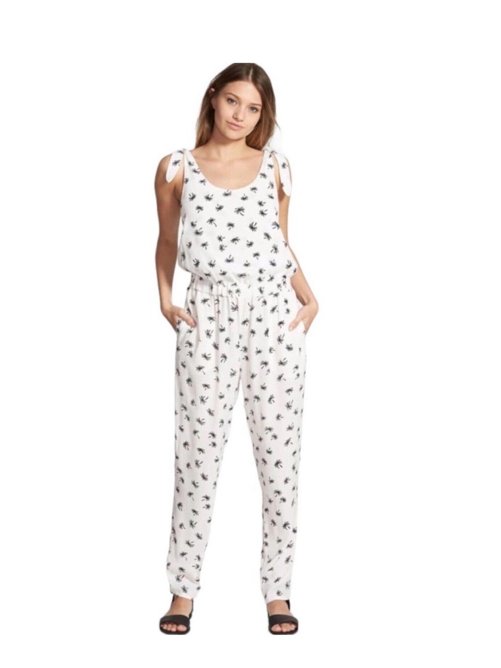 Madewell White Palm Tree Print Shoulder Tie One Piece Junpsuit Size Small